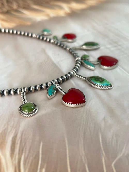 Handmade Sterling Silver Sonoran with Rosarita Beaded Cherry Necklace "Signed Nizhoni"