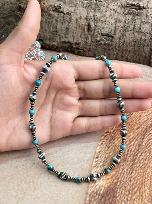 Handmade Sterling Silver Kingman Turquoise Beaded Necklace with Signed Nizhoni