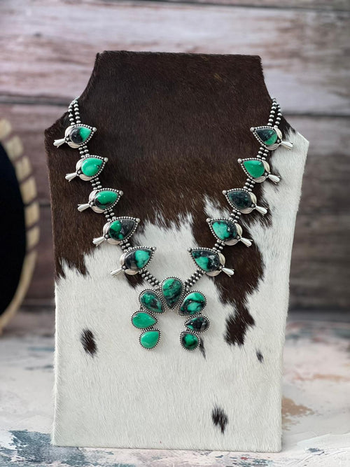 Handmade Sterling Silver Beaded Emerald Rose Squash Blossom Necklace "Signed Nizhoni"