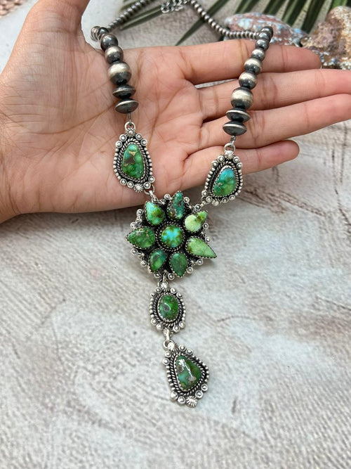 Handmade Sterling Silver Sonoran Mountain Turquoise Beaded Necklace with Signed Nizhoni