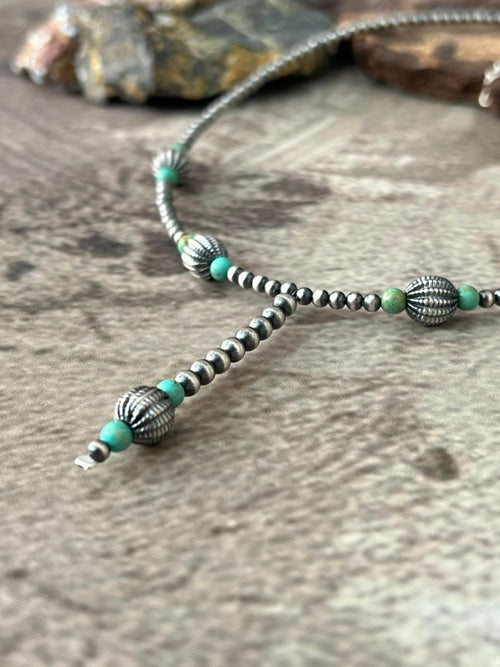 Handmade Sterling Silver Kingman Turquoise Beaded Necklace "Signed Nizhoni"
