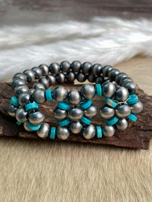 Handmade Sterling Silver Kingman Turquoise Stretch Beaded Bracelet