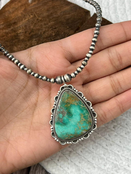 Handmade Sterling Silver Beaded Mantis Turquoise Necklace "Signed  Nizhoni"