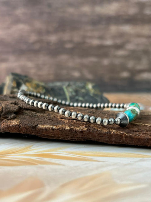 Handmade Sterling Silver Kingman Turquoise Beaded Stretch Bracelet