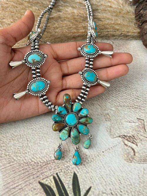 Handmade Sterling Silver Santa Maria Turquoise Squash Blossom Beaded Necklace "Signed Nizhoni"