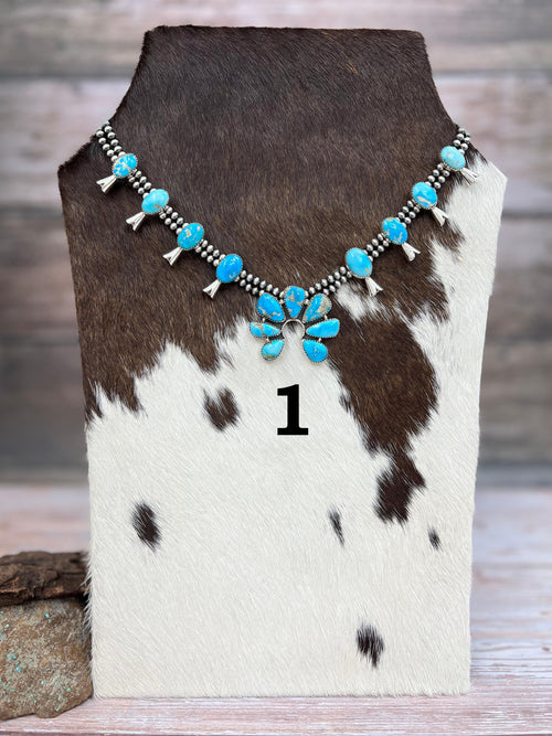 Handmade Sterling Silver White Water Turquoise Beaded Squash Blossom Necklace with Signed Nizhoni