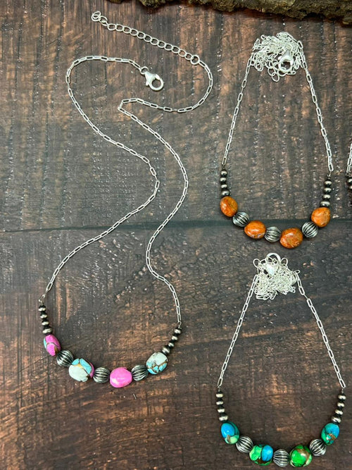 Handmade Sterling Silver Beaded Multi Stone Necklace "Signed Nizhoni"