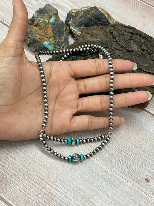 Handmade Sterling Silver Beaded Kingman Turquoise Necklace "Signed Nizhoni"