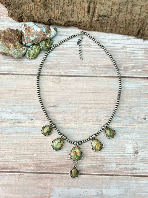 Handmade Sterling Silver Royston Ribbon Turquoise Beaded Necklace with Signed Nizhoni