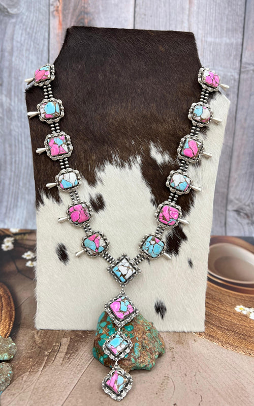 Handmade Sterling Silver Cotton Candy Turquoise Necklace with Signed Nizhoni
