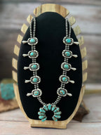 Handmade Sterling Silver Mint Dahlia Collection: Squash Blossom Beaded Necklace "Signed Nizhoni"