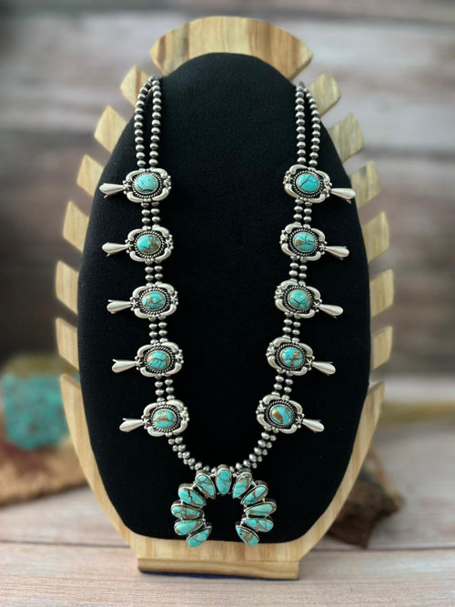 Handmade Sterling Silver Mint Dahlia Collection: Squash Blossom Beaded Necklace "Signed Nizhoni"