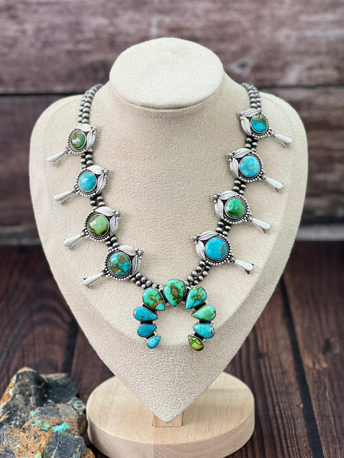 Handmade Sterling Silver Beaded Sonoran with White Water Squash Blossom Necklace "Signed Nizhoni"