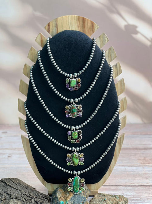 Handmade Sterling Silver Beaded Sonoran with Cut Stone Necklace "Signed Nizhoni"