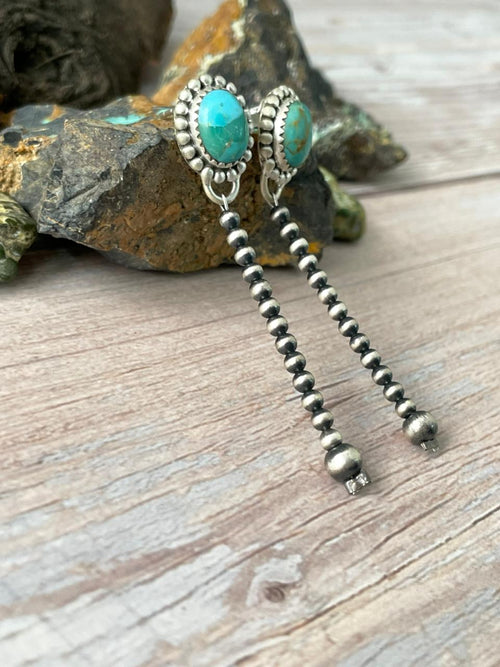Handmade Sterling Silver Kingman Turquoise Post Beaded Earrings "Signed Nizhoni"