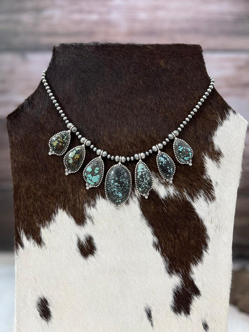 Handmade Sterling Silver Lander Turquoise Beaded Necklace with Signed Nizhoni