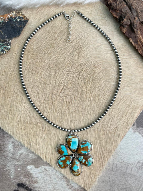 Handmade Sterling Silver Royston Ribbon Turquoise Beaded Necklace "Signed Nizhoni"