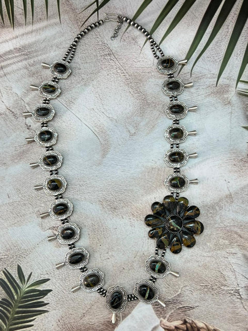 Handmade Sterling Silver Beaded Blackjack Turquoise Necklace "Signed Nizhoni"