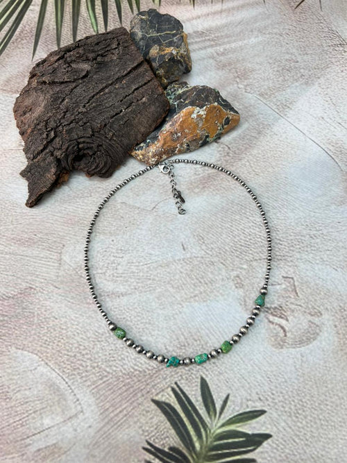 Handmade Sterling Silver Beaded Emerald Valley Turquoise Necklace "Signed Nizhoni"