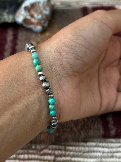 Handmade Sterling Silver Kingman Turquoise Beaded Stretch Bracelet