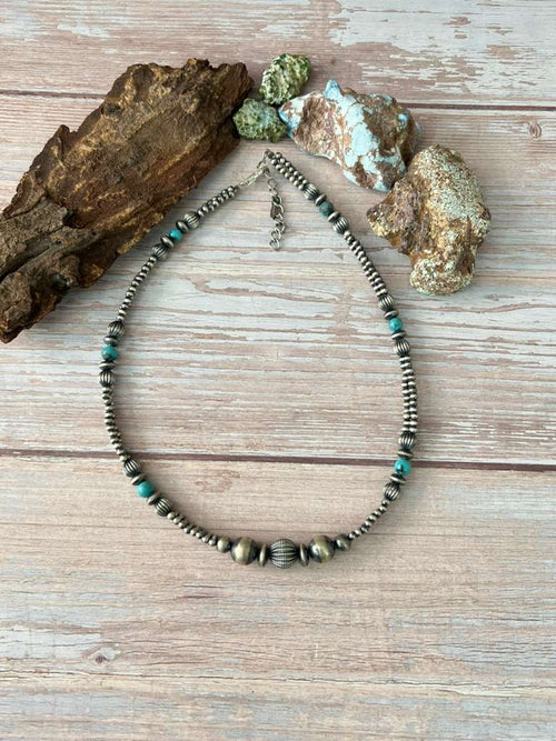 Handmade Sterling Silver Kingman Turquoise Beaded Necklace with Signed Nizhoni (8)