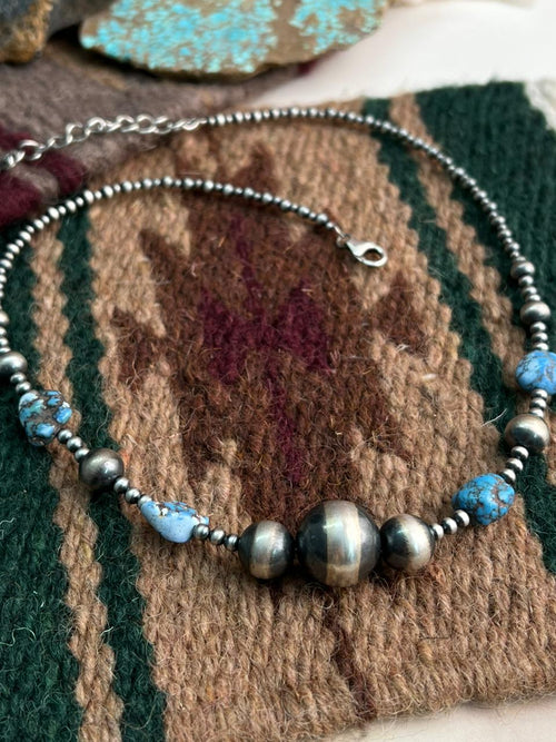Handmade Sterling Silver Beaded Golden Hills Turquoise Necklace