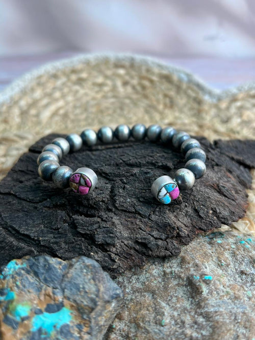 Handmade Sterling Silver Beaded Cotton Candy Cuff Bracelet "Signed Nizhoni"