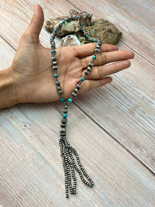 Handmade Sterling Silver Beaded Kingman Turquoise Necklace "Signed Nizhoni"