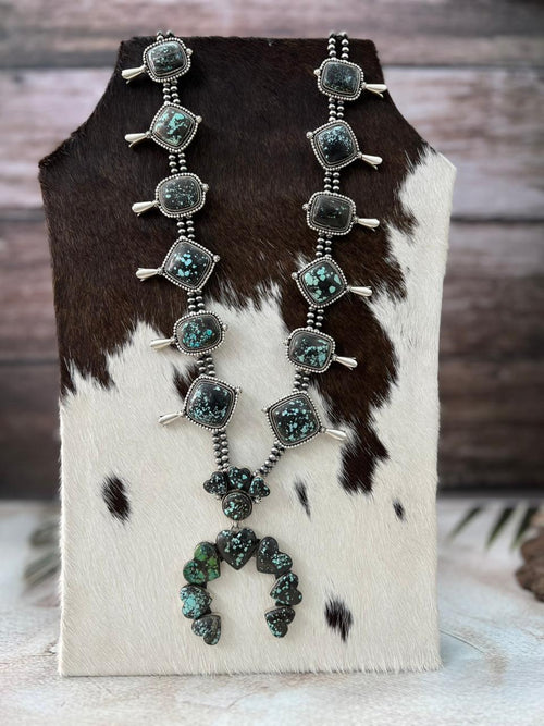 Handmade Sterling Silver Lander Turquoise Squash Blossom Beaded Necklace with Signed Nizhoni