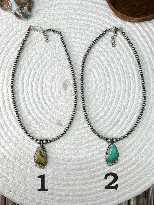 Handmade Sterling Silver Beaded Mantis Turquoise Necklace "Signed  Nizhoni"