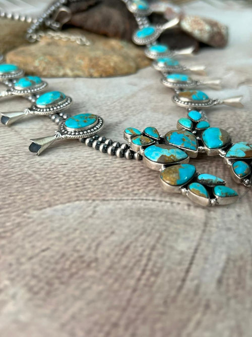 Handmade Sterling Silver Santa Maria Turquoise Squash Blossom Beaded Necklace "Signed Nizhoni"