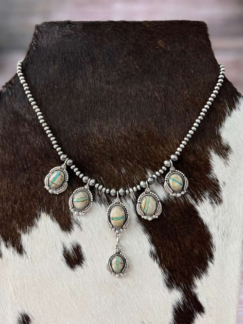 Handmade Sterling Silver Royston Ribbon Turquoise Beaded Necklace with Signed Nizhoni