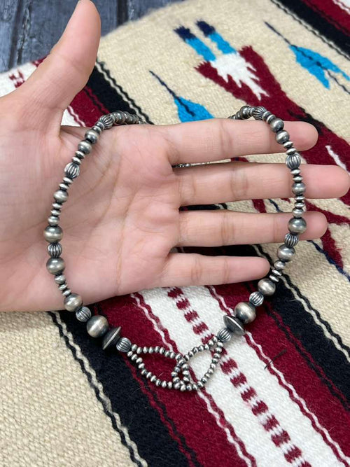Handmade Sterling Silver Beaded Necklace with Signed Nizhoni