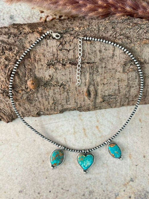 Handmade Sterling Silver Manassa Turquoise Beaded Necklace Signed Nizhoni