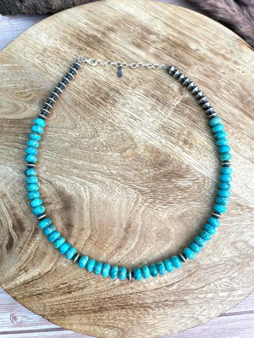 Handmade Sterling Silver Kingman Turquoise Beaded Necklace "Signed Nizhoni"