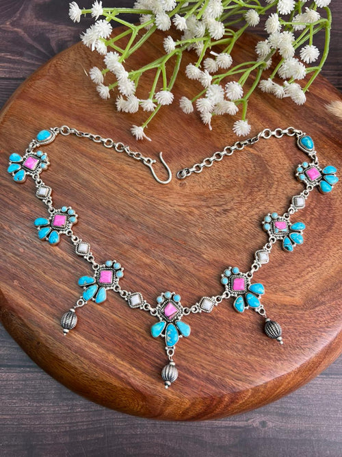 Handmade Sterling Silver Sierra Bella Turquoise with Cotton Candy Collection: Beaded Necklace "Signed Nizhoni"