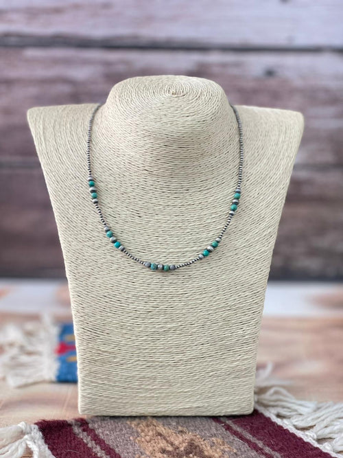 Handmade Sterling Silver Kingman Turquoise Beaded Necklace "Signed Nizhoni"