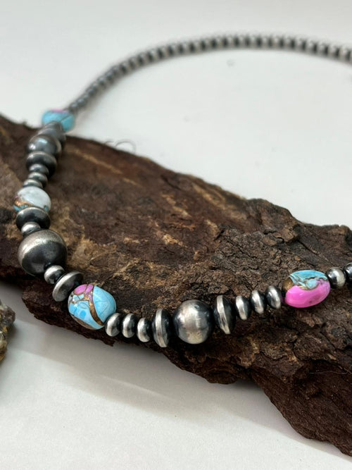 Handmade Sterling Silver Beaded Cotton Candy Necklace "Signed Nizhoni"