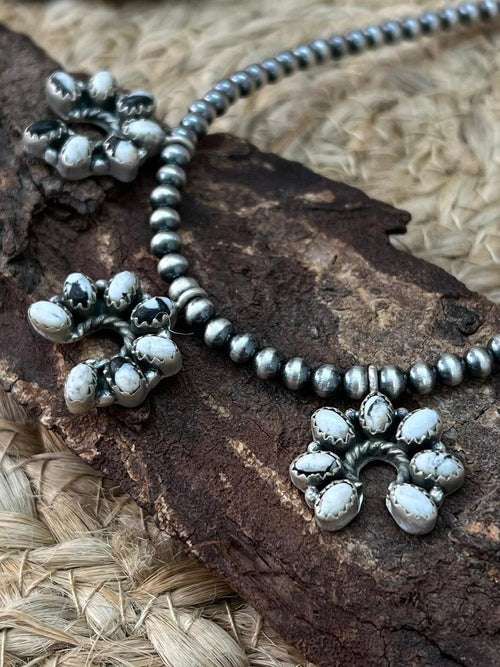 Handmade Sterling Silver White Buffalo Beaded Necklace "Signed Nizhoni"