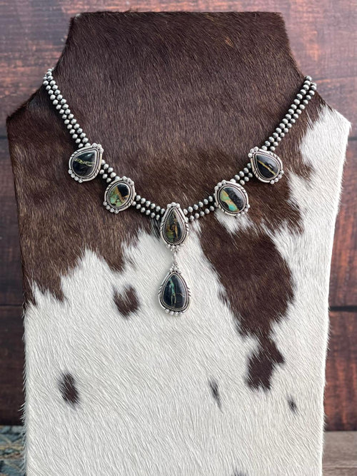 Handmade Sterling Silver Golden Hills Turquoise, Blackjack, Palomino Turquoise Beaded Necklace "Signed Nizhoni"