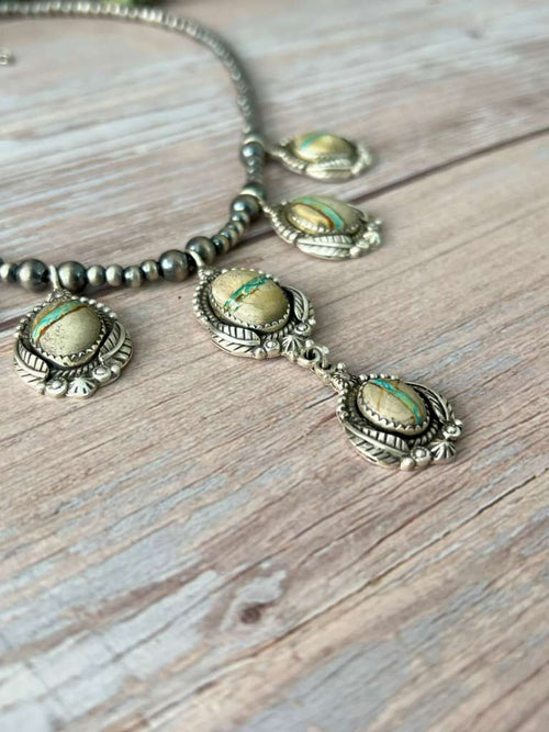 Handmade Sterling Silver Royston Ribbon Turquoise Beaded Necklace with Signed Nizhoni