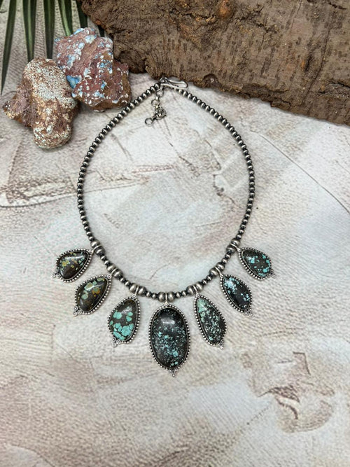 Handmade Sterling Silver Lander Turquoise Beaded Necklace with Signed Nizhoni