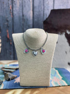 Handmade Sterling Silver White Buffalo with Hot Pink Beaded Heart Necklace "Signed Nizhoni"