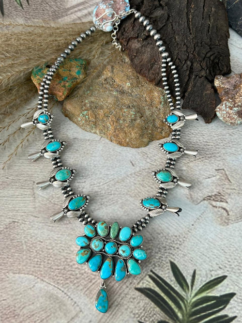 Handmade Sterling Silver Santa Maria Turquoise Squash Blossom Beaded Necklace "Signed Nizhoni"