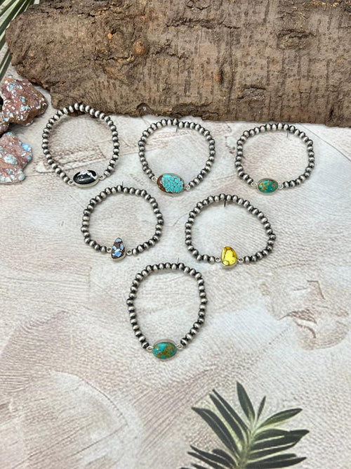 Handmade Sterling Silver Beaded Multi Stone Chain Bracelet with Signed Nizhoni