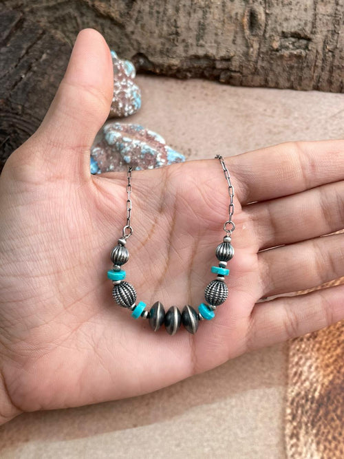 Handmade Sterling Silver Kingman Turquoise Beaded Necklace t ok with Signed Nizhoni