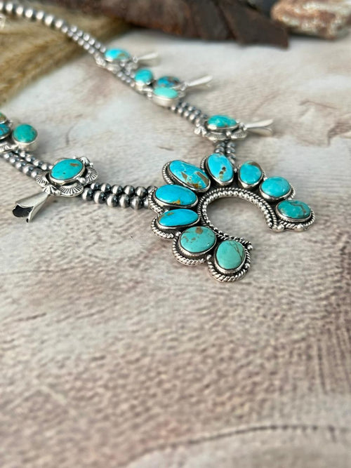 Handmade Sterling Silver Santa Maria Turquoise Squash Blossom Beaded Necklace "Signed Nizhoni"