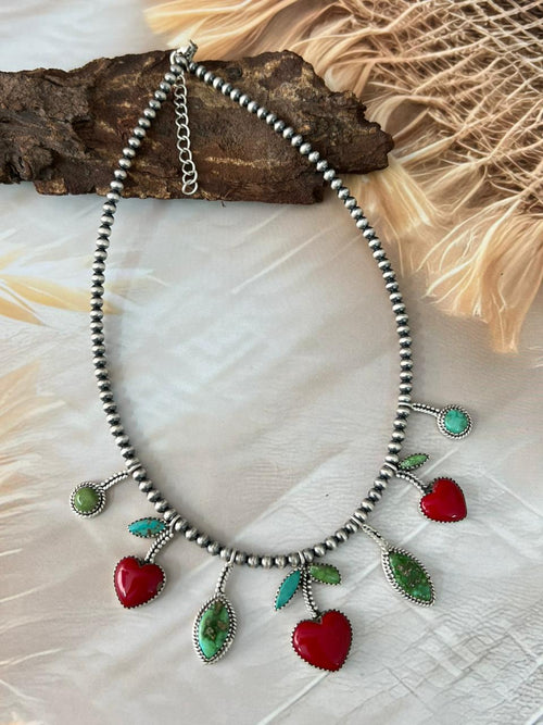 Handmade Sterling Silver Sonoran with Rosarita Beaded Cherry Necklace "Signed Nizhoni"
