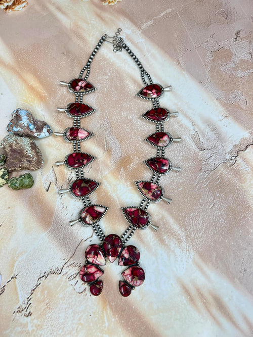 Handmade Sterling Silver Dahlia Rose Squash Blossom Necklace with Signed Nizhoni