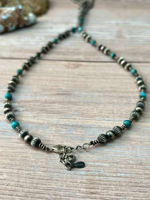 Handmade Sterling Silver Beaded Kingman Turquoise Necklace "Signed Nizhoni"